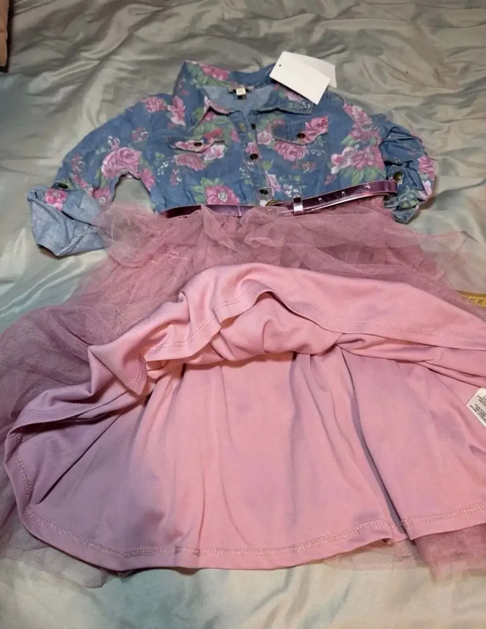 Pink & Violet Girls Floral Print Denim Bodice Tulle Tutu Dress w/ Metallic Belt